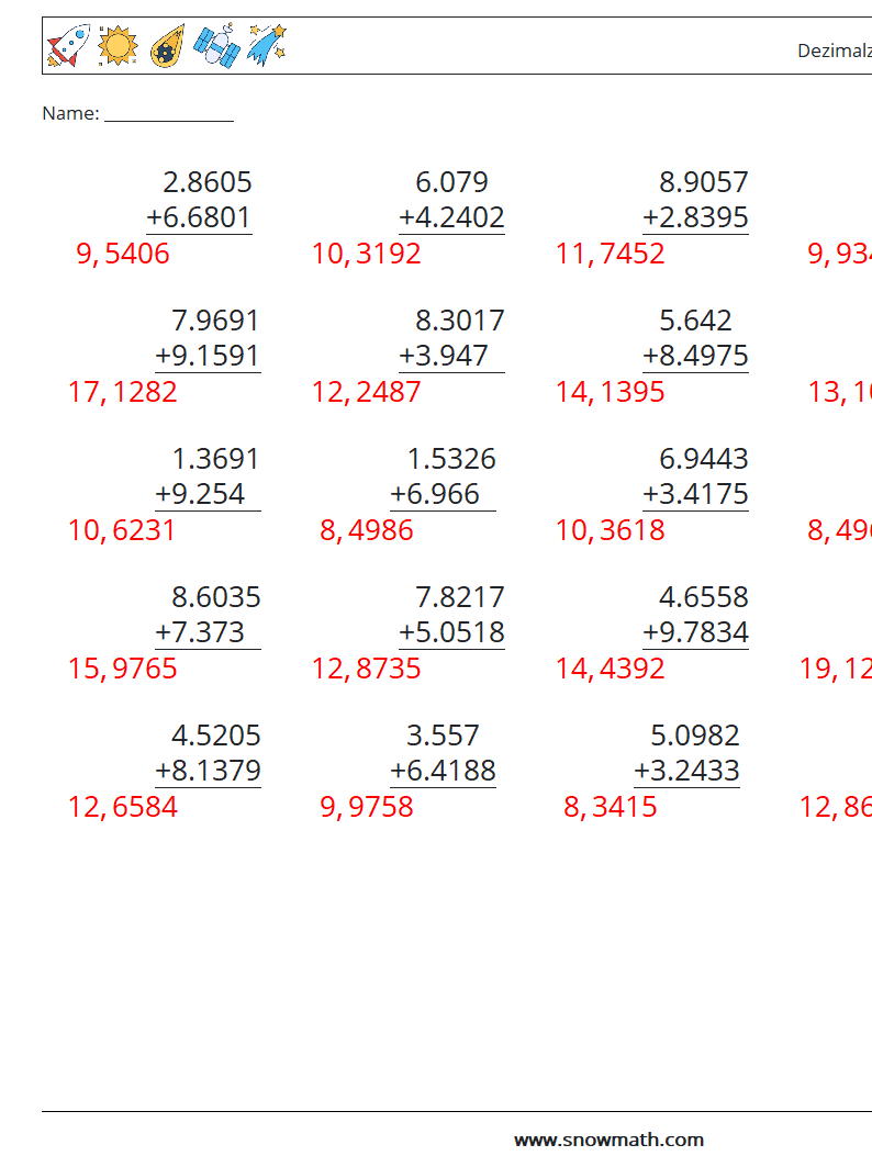 (25) Dezimalzahlen Addition (4-stellig) Mathe-Arbeitsblätter 16 Frage, Antwort