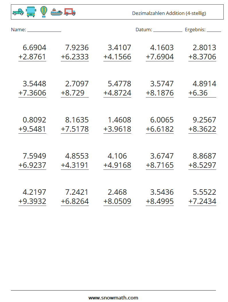 (25) Dezimalzahlen Addition (4-stellig) Mathe-Arbeitsblätter 17