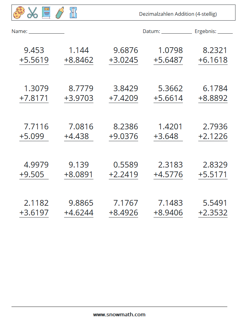 (25) Dezimalzahlen Addition (4-stellig) Mathe-Arbeitsblätter 18