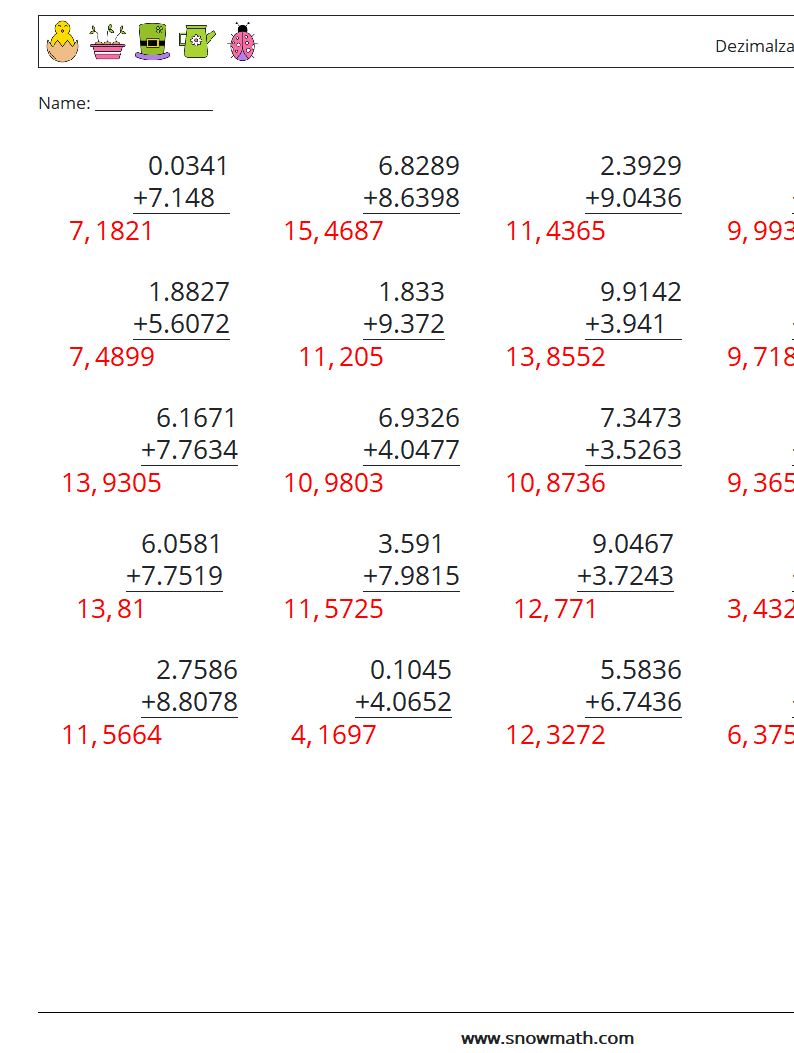 (25) Dezimalzahlen Addition (4-stellig) Mathe-Arbeitsblätter 2 Frage, Antwort