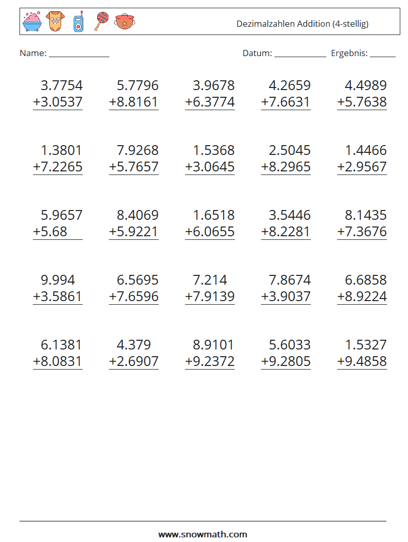 (25) Dezimalzahlen Addition (4-stellig) Mathe-Arbeitsblätter 4