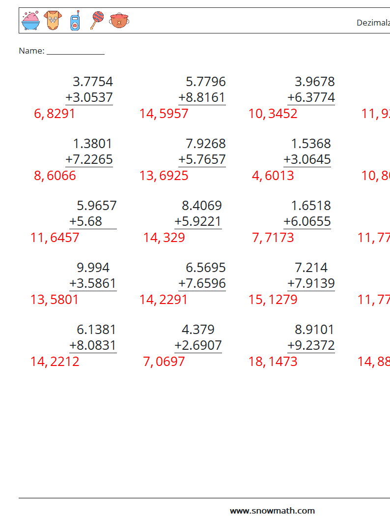 (25) Dezimalzahlen Addition (4-stellig) Mathe-Arbeitsblätter 4 Frage, Antwort