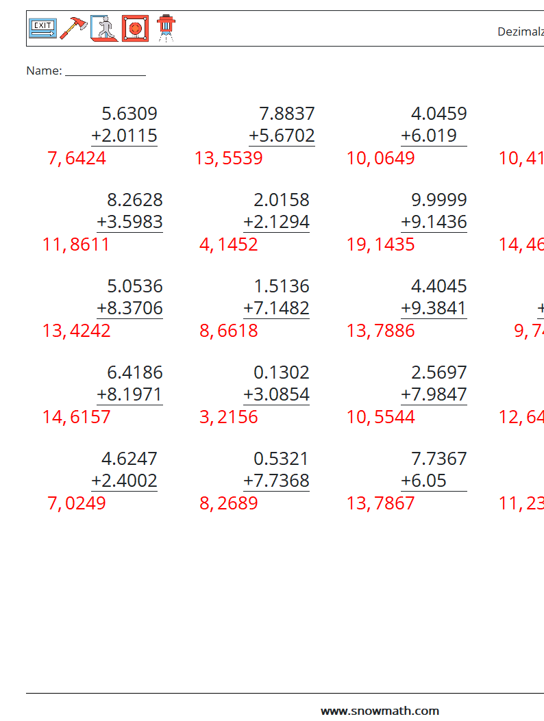 (25) Dezimalzahlen Addition (4-stellig) Mathe-Arbeitsblätter 5 Frage, Antwort