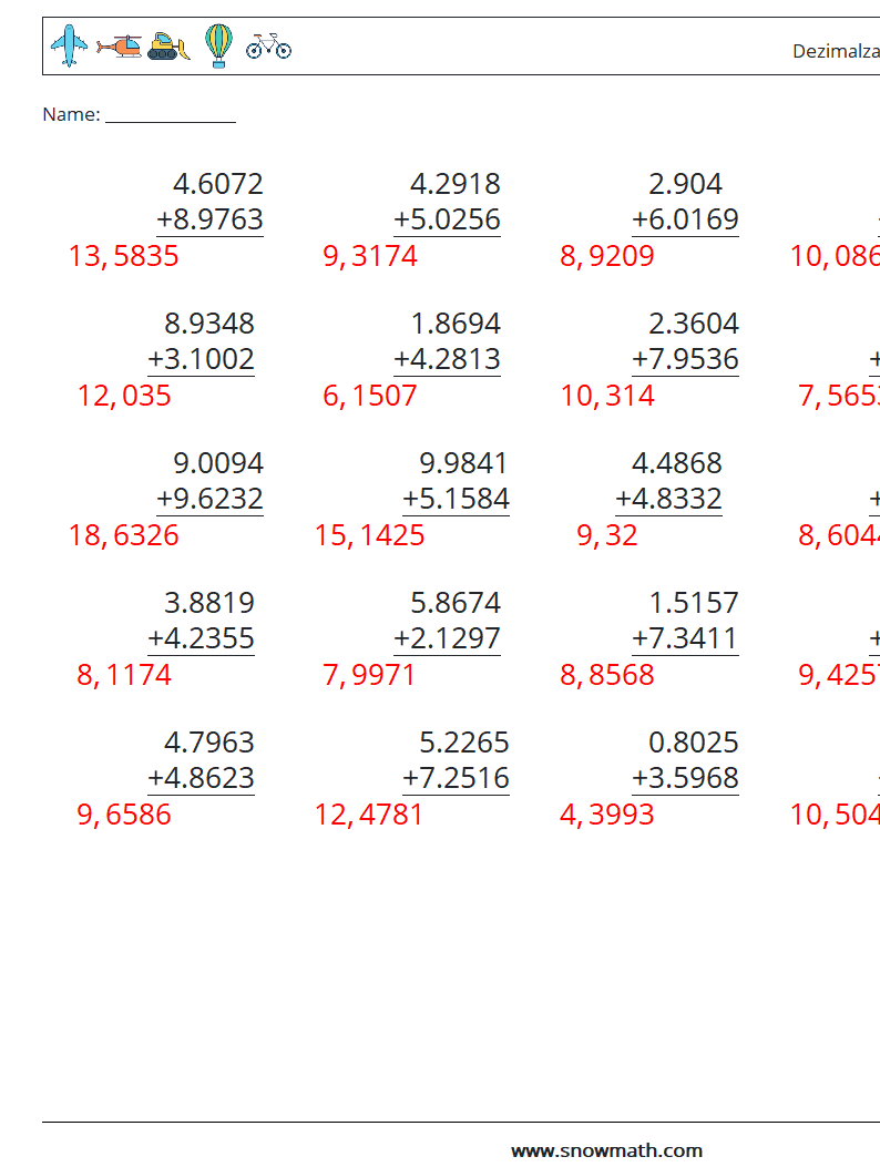 (25) Dezimalzahlen Addition (4-stellig) Mathe-Arbeitsblätter 6 Frage, Antwort