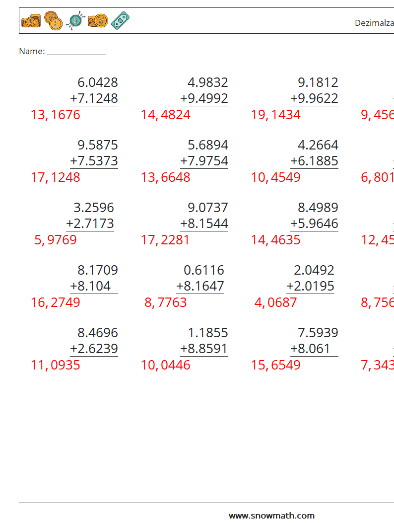 (25) Dezimalzahlen Addition (4-stellig) Mathe-Arbeitsblätter 7 Frage, Antwort