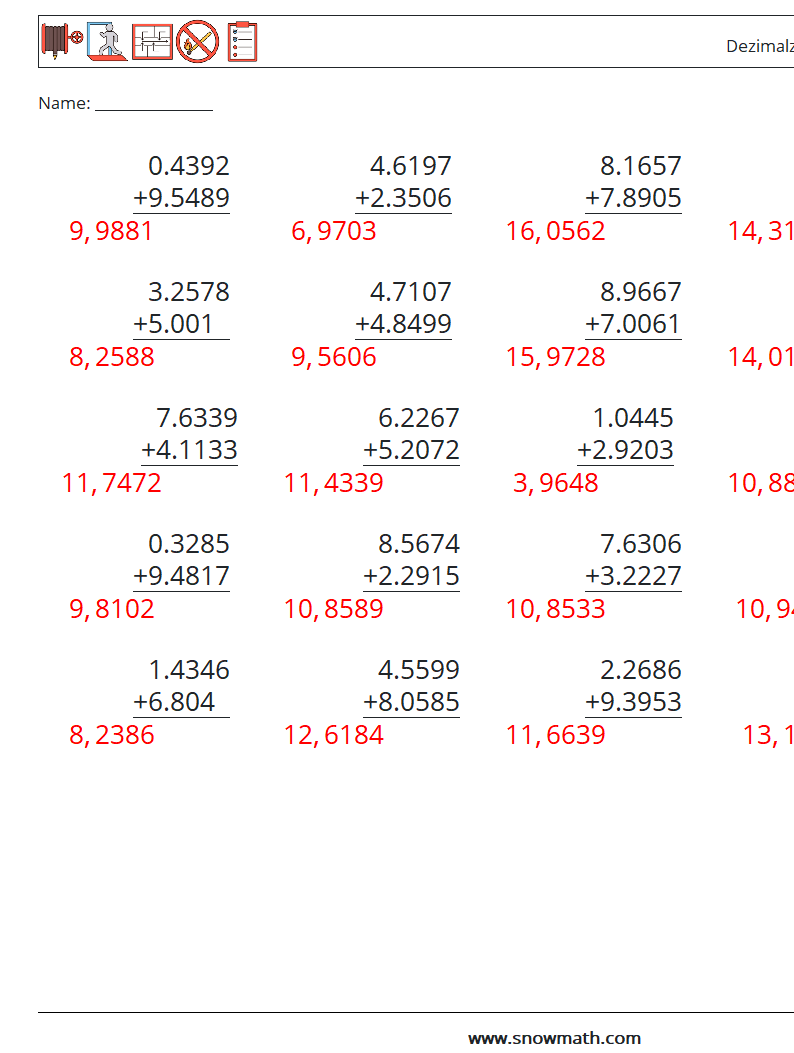 (25) Dezimalzahlen Addition (4-stellig) Mathe-Arbeitsblätter 8 Frage, Antwort