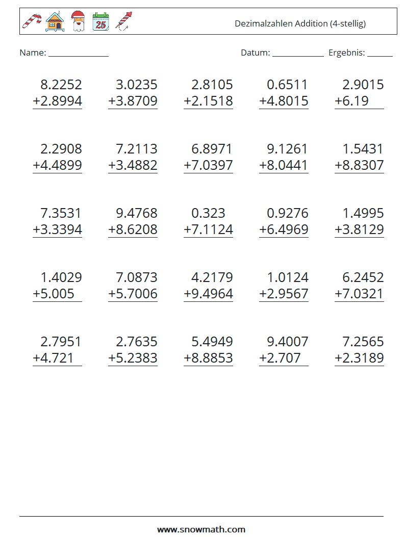 (25) Dezimalzahlen Addition (4-stellig) Mathe-Arbeitsblätter 9