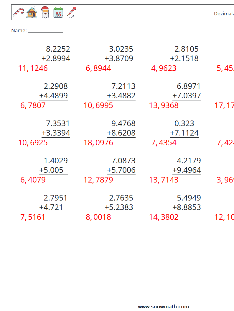 (25) Dezimalzahlen Addition (4-stellig) Mathe-Arbeitsblätter 9 Frage, Antwort