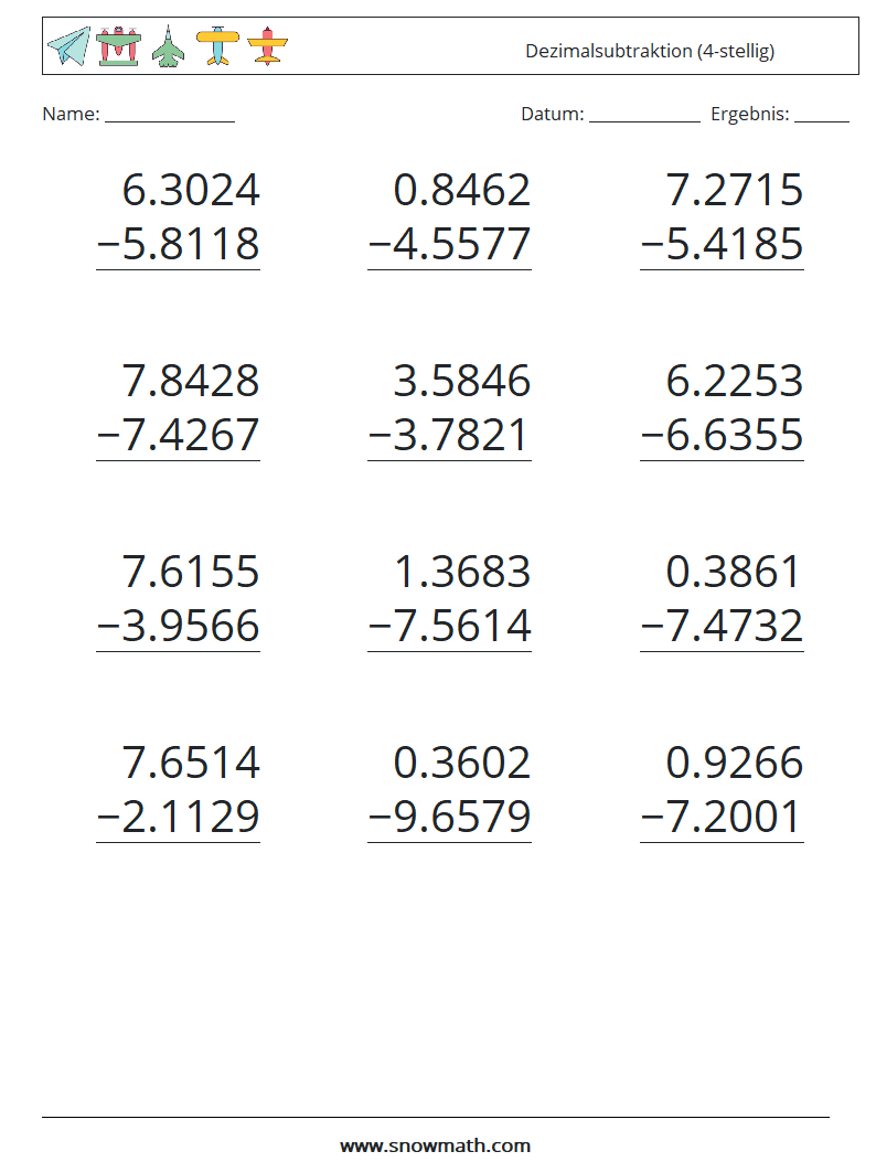 (12) Dezimalsubtraktion (4-stellig) Mathe-Arbeitsblätter 1