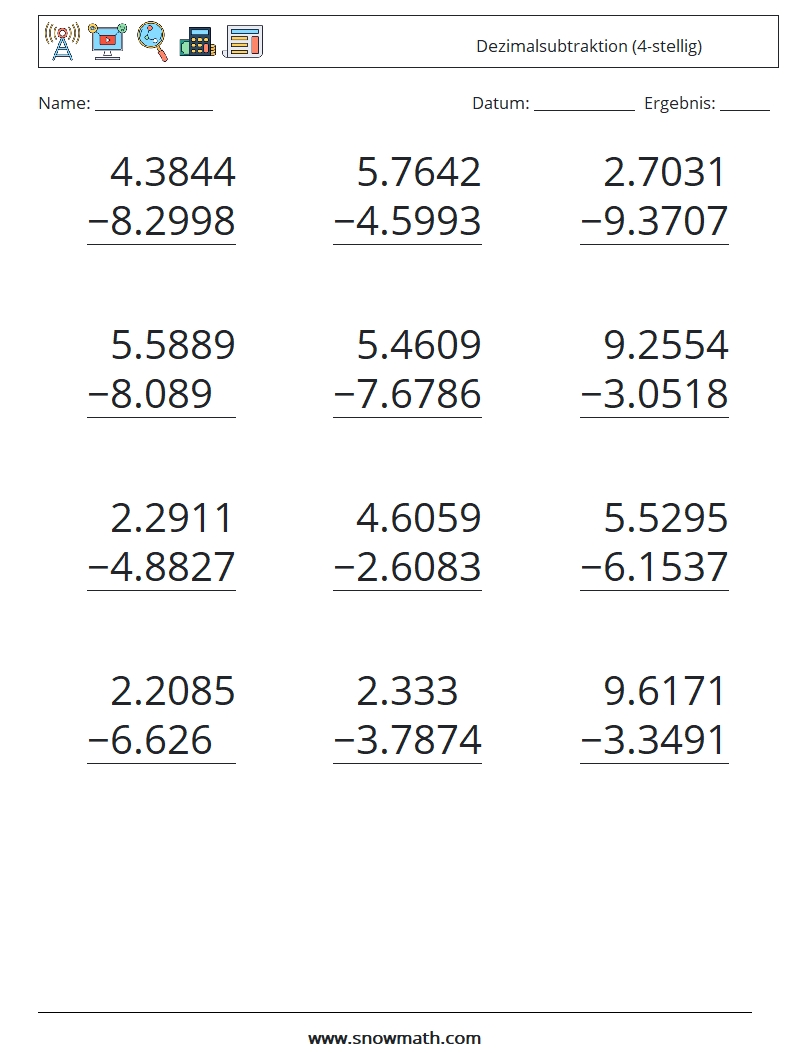 (12) Dezimalsubtraktion (4-stellig) Mathe-Arbeitsblätter 10