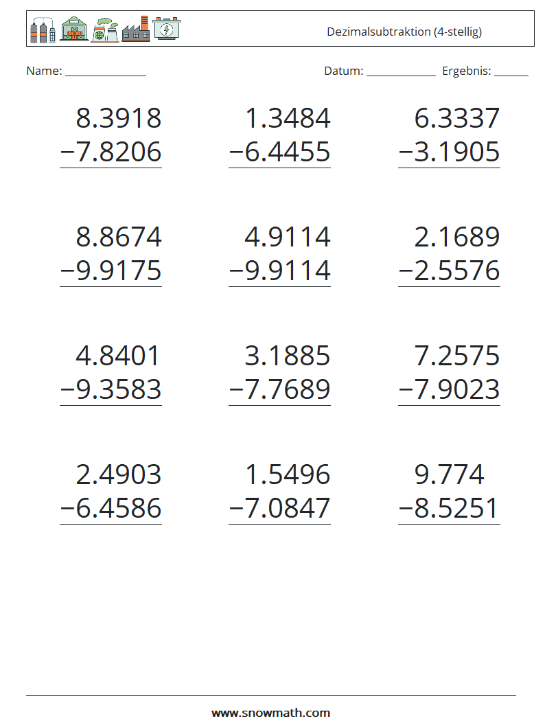 (12) Dezimalsubtraktion (4-stellig) Mathe-Arbeitsblätter 11