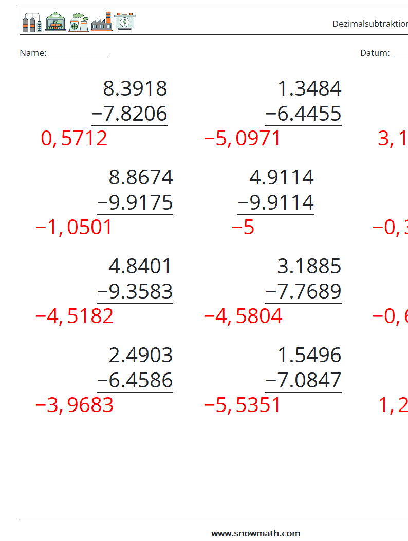 (12) Dezimalsubtraktion (4-stellig) Mathe-Arbeitsblätter 11 Frage, Antwort