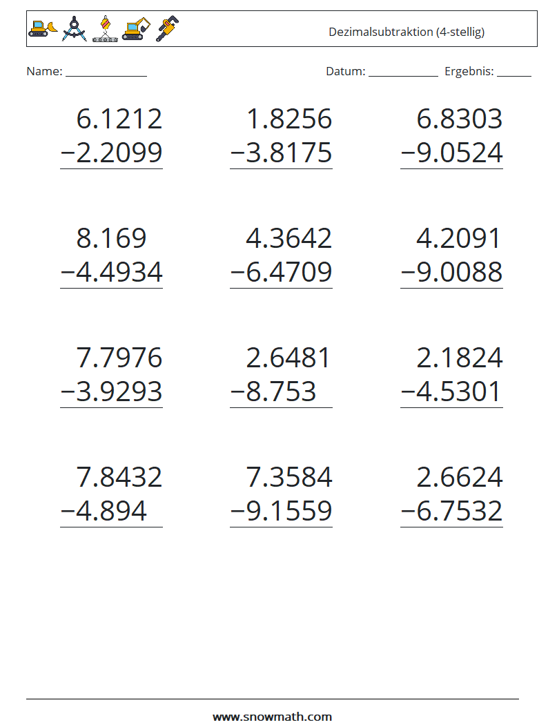 (12) Dezimalsubtraktion (4-stellig) Mathe-Arbeitsblätter 12