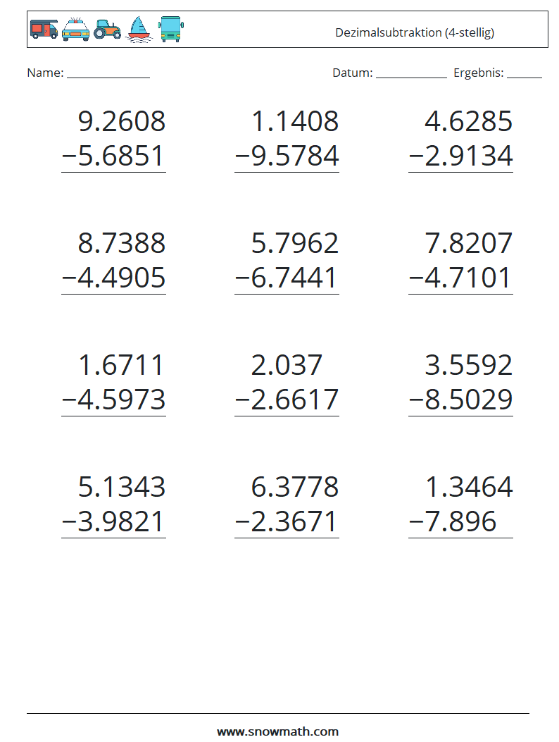 (12) Dezimalsubtraktion (4-stellig) Mathe-Arbeitsblätter 13