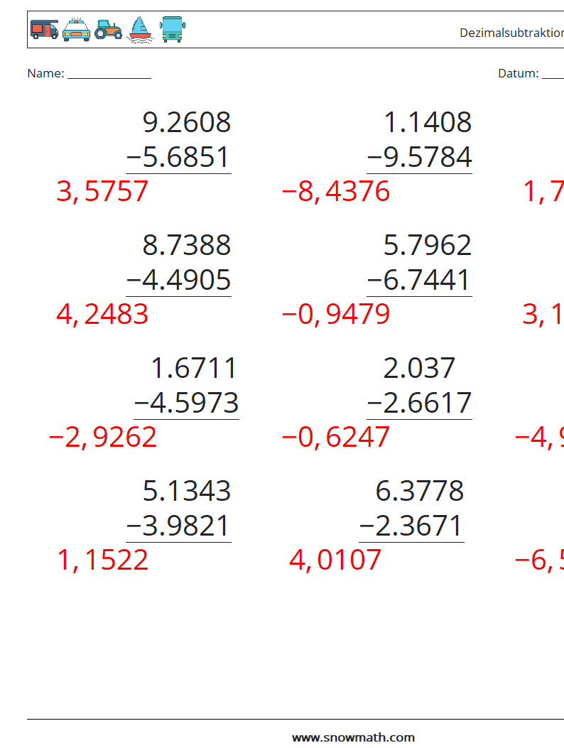 (12) Dezimalsubtraktion (4-stellig) Mathe-Arbeitsblätter 13 Frage, Antwort