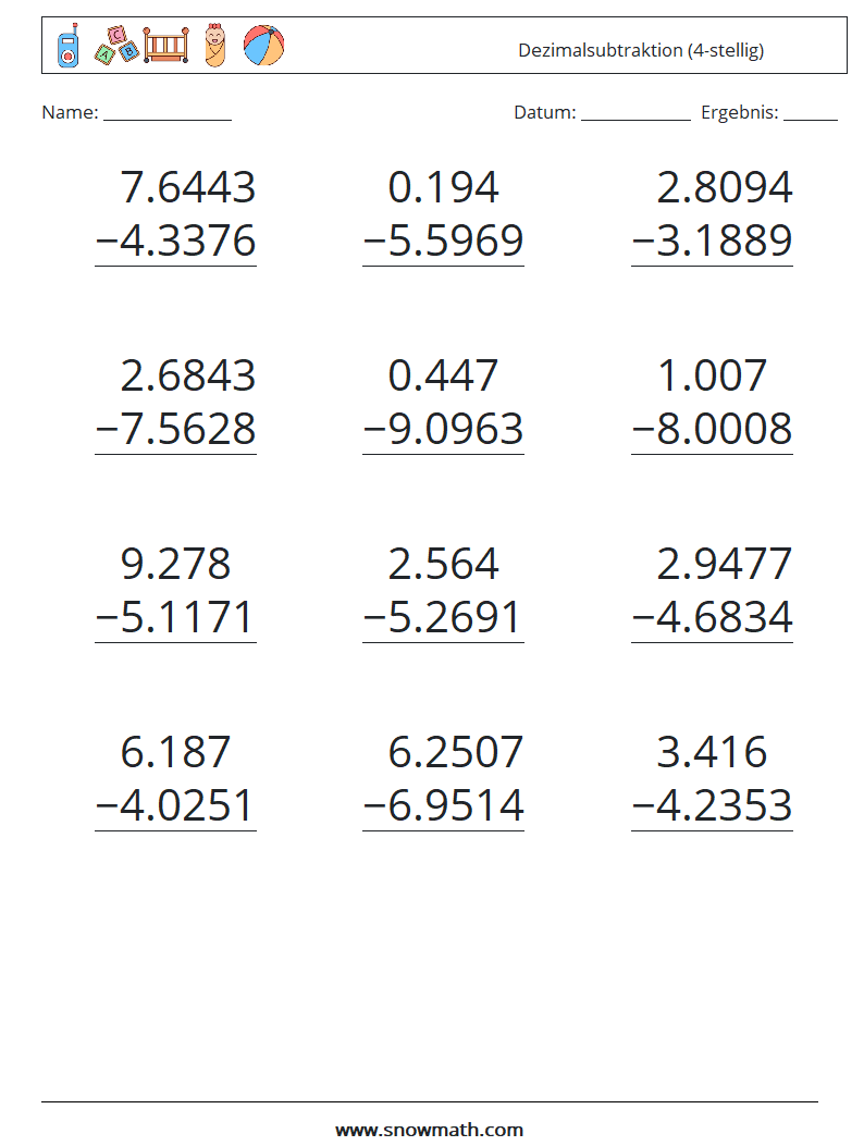 (12) Dezimalsubtraktion (4-stellig) Mathe-Arbeitsblätter 14