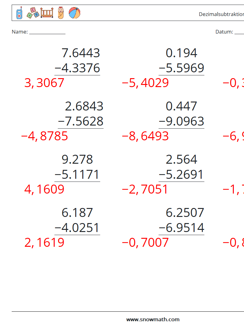 (12) Dezimalsubtraktion (4-stellig) Mathe-Arbeitsblätter 14 Frage, Antwort