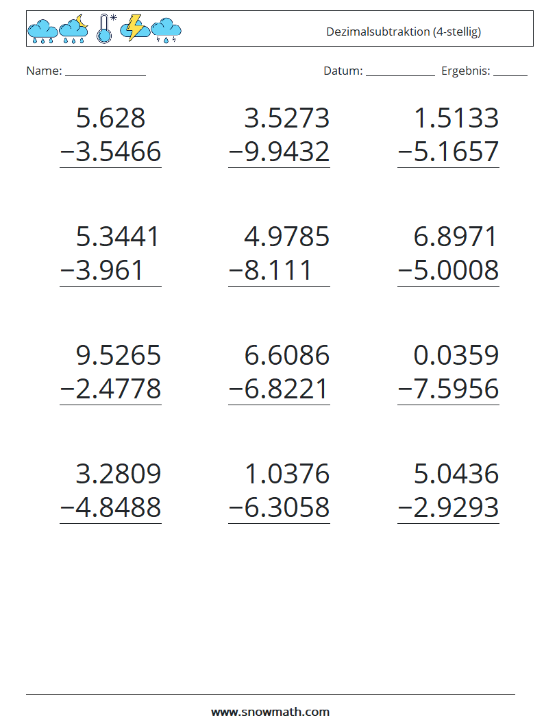 (12) Dezimalsubtraktion (4-stellig) Mathe-Arbeitsblätter 15