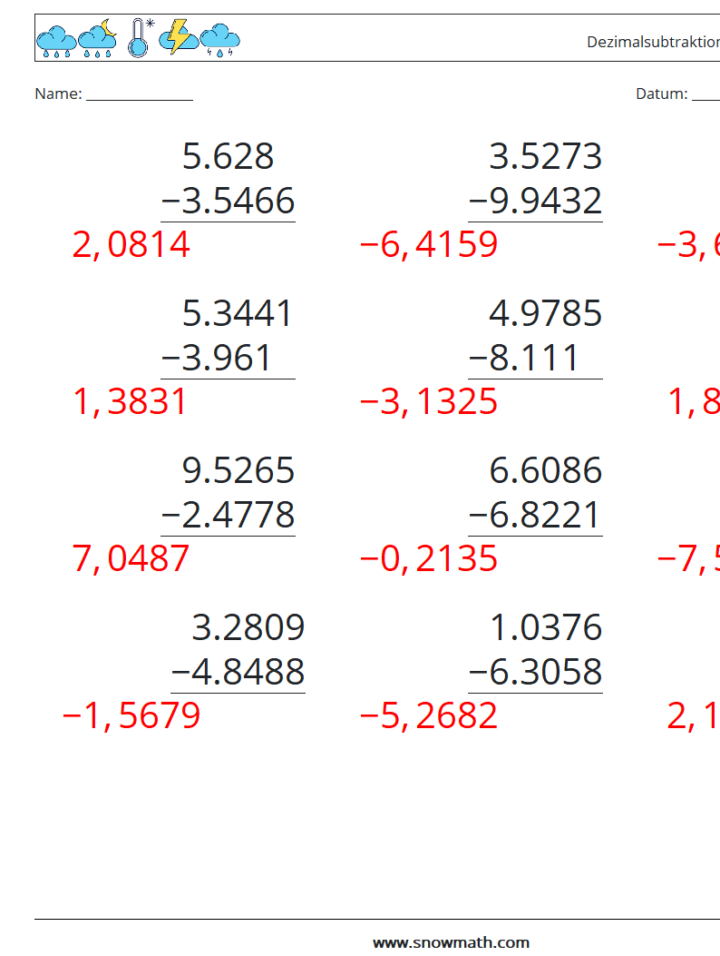 (12) Dezimalsubtraktion (4-stellig) Mathe-Arbeitsblätter 15 Frage, Antwort