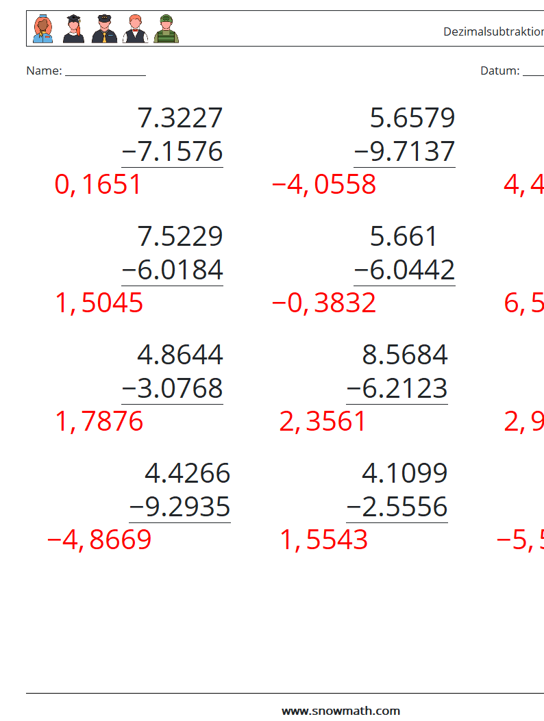 (12) Dezimalsubtraktion (4-stellig) Mathe-Arbeitsblätter 16 Frage, Antwort