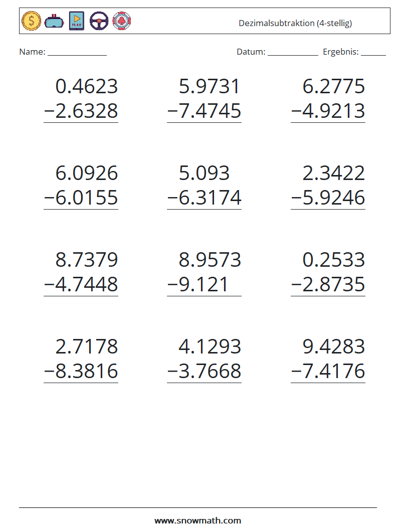 (12) Dezimalsubtraktion (4-stellig) Mathe-Arbeitsblätter 17