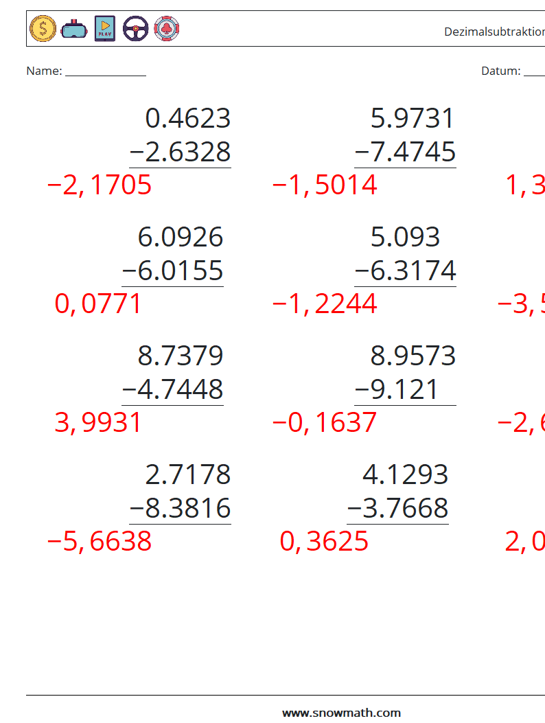 (12) Dezimalsubtraktion (4-stellig) Mathe-Arbeitsblätter 17 Frage, Antwort