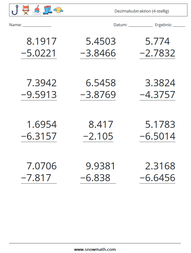 (12) Dezimalsubtraktion (4-stellig) Mathe-Arbeitsblätter 18