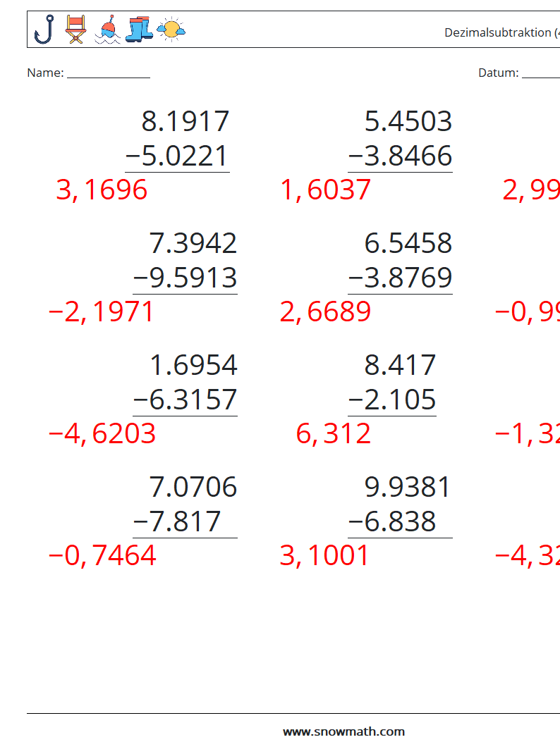 (12) Dezimalsubtraktion (4-stellig) Mathe-Arbeitsblätter 18 Frage, Antwort