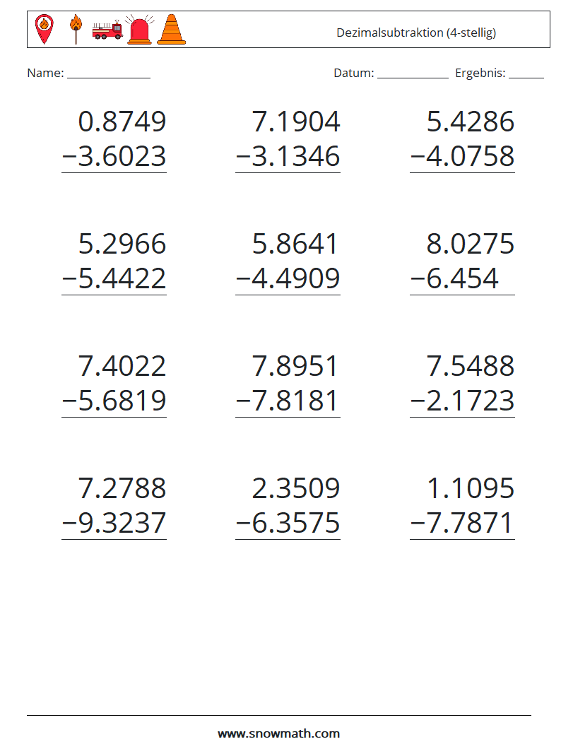 (12) Dezimalsubtraktion (4-stellig) Mathe-Arbeitsblätter 2