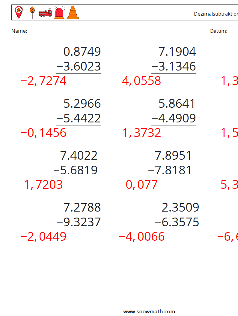 (12) Dezimalsubtraktion (4-stellig) Mathe-Arbeitsblätter 2 Frage, Antwort