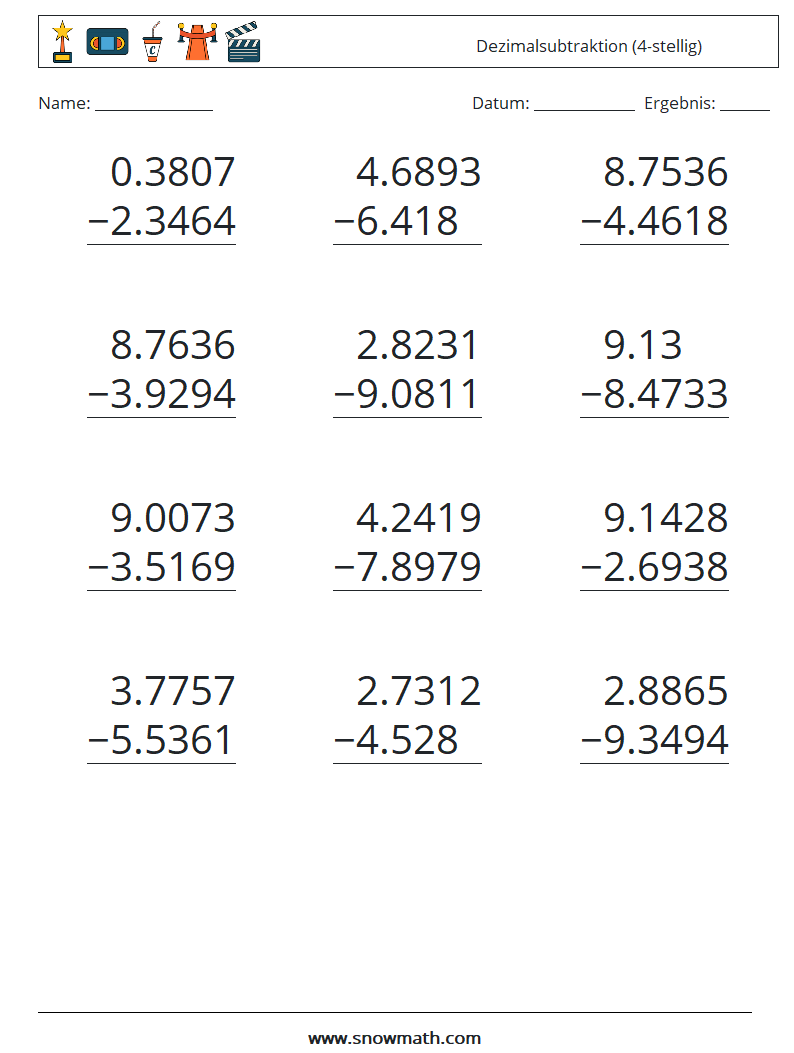 (12) Dezimalsubtraktion (4-stellig) Mathe-Arbeitsblätter 3