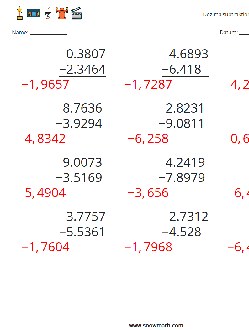 (12) Dezimalsubtraktion (4-stellig) Mathe-Arbeitsblätter 3 Frage, Antwort