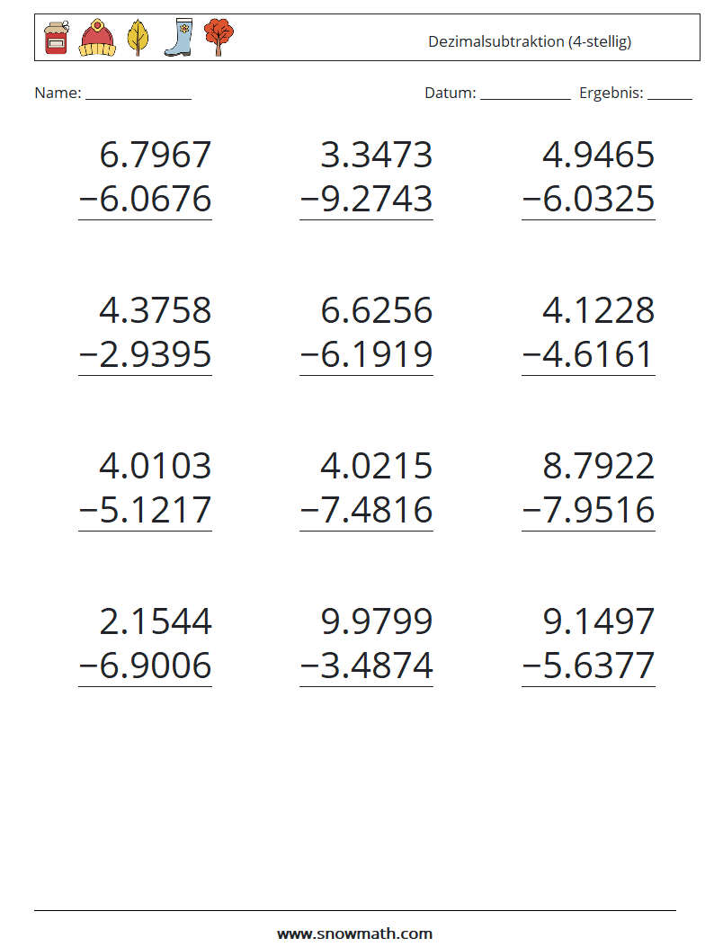 (12) Dezimalsubtraktion (4-stellig) Mathe-Arbeitsblätter 4