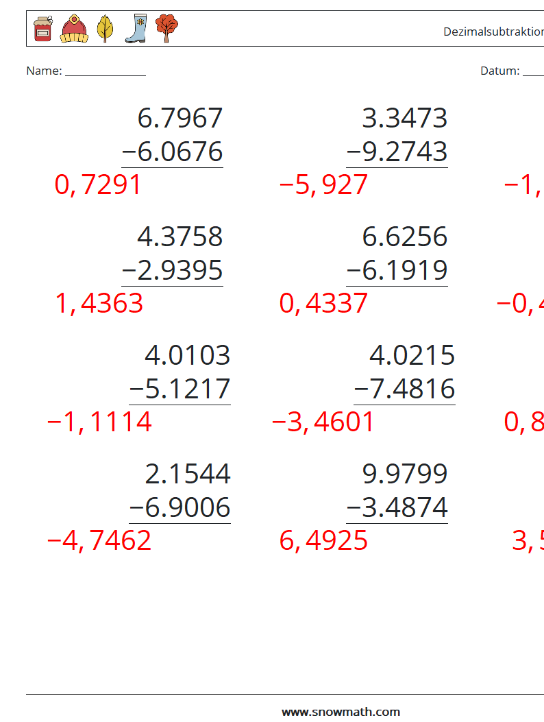 (12) Dezimalsubtraktion (4-stellig) Mathe-Arbeitsblätter 4 Frage, Antwort