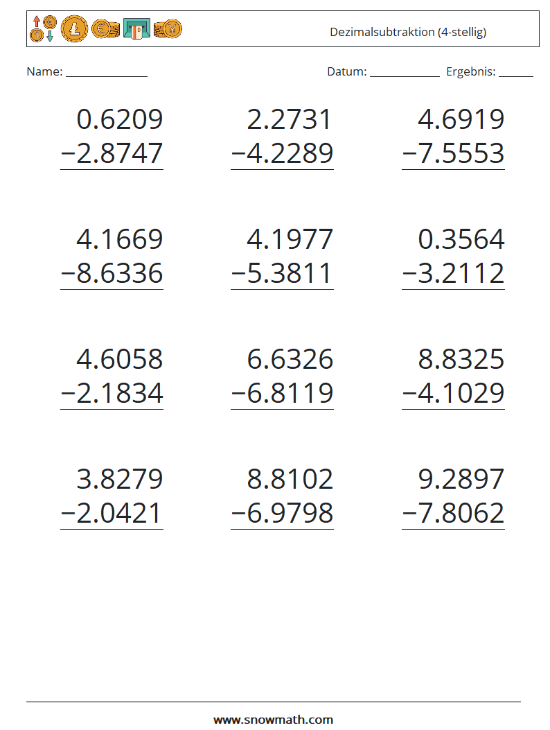 (12) Dezimalsubtraktion (4-stellig) Mathe-Arbeitsblätter 5