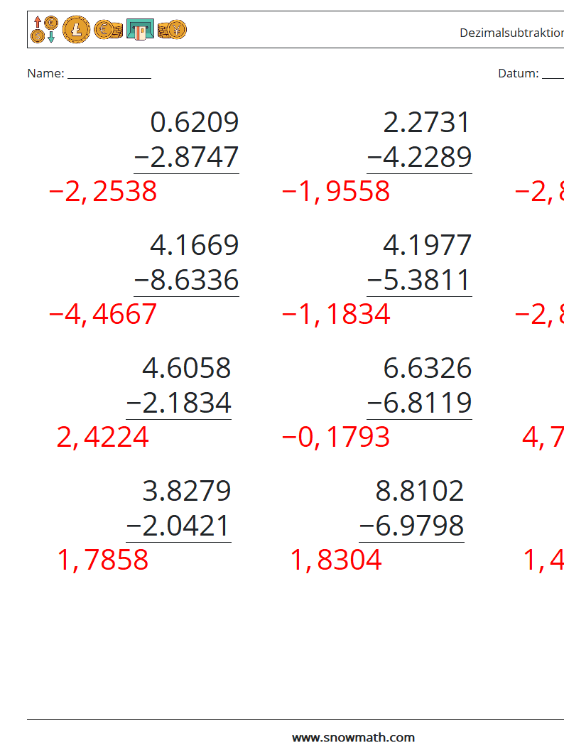 (12) Dezimalsubtraktion (4-stellig) Mathe-Arbeitsblätter 5 Frage, Antwort