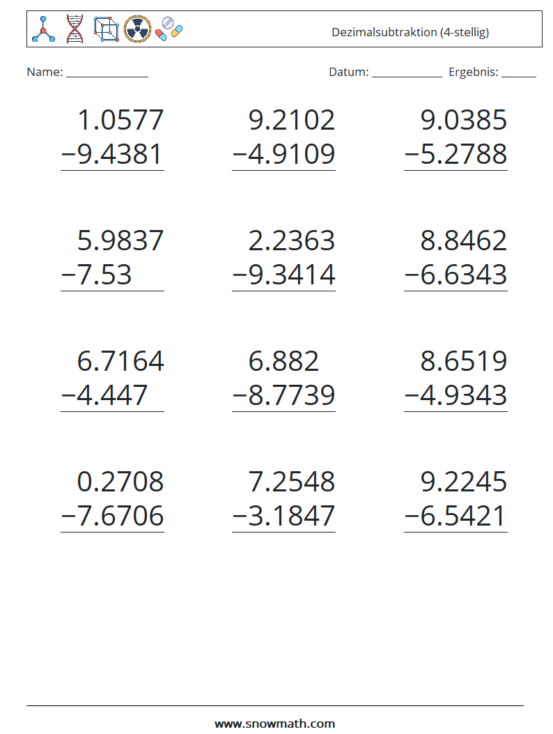 (12) Dezimalsubtraktion (4-stellig) Mathe-Arbeitsblätter 6