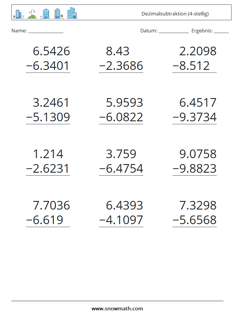 (12) Dezimalsubtraktion (4-stellig) Mathe-Arbeitsblätter 7