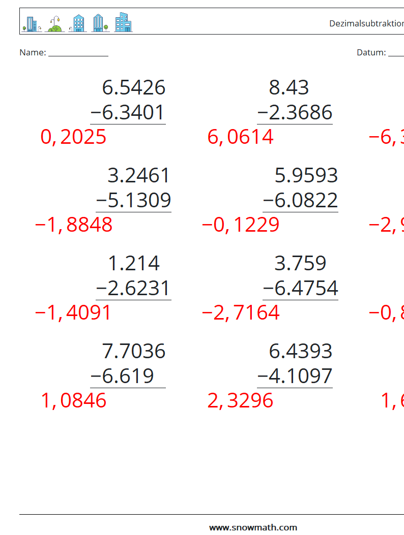 (12) Dezimalsubtraktion (4-stellig) Mathe-Arbeitsblätter 7 Frage, Antwort