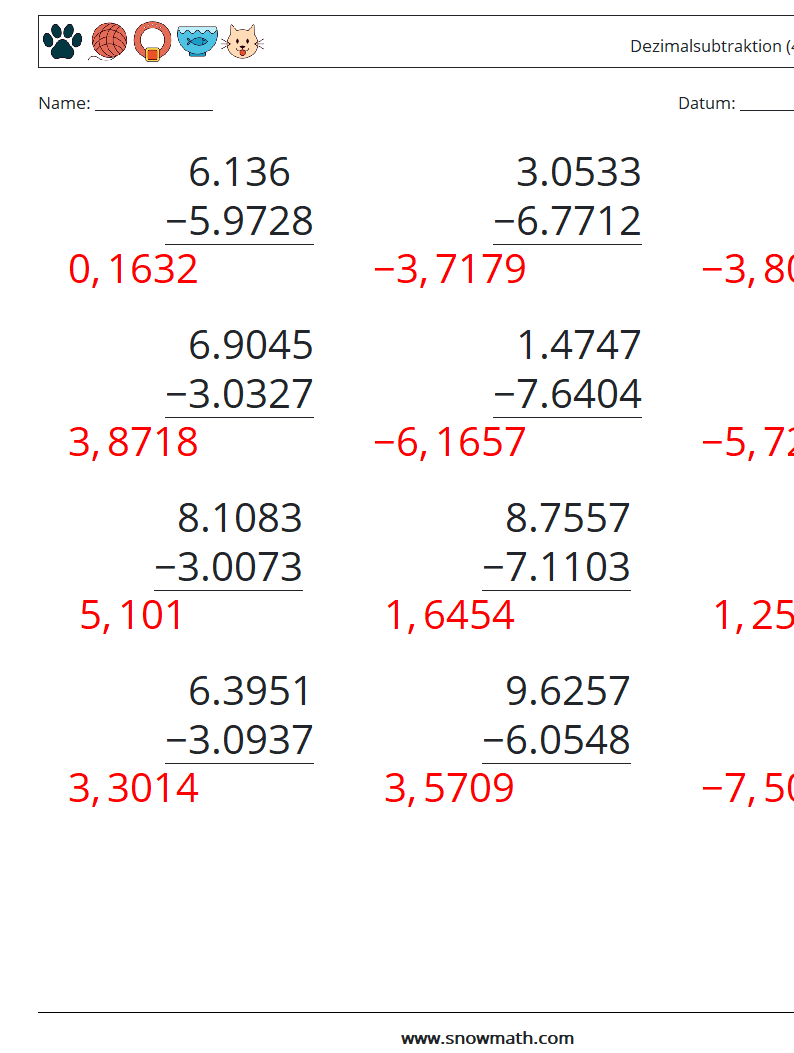 (12) Dezimalsubtraktion (4-stellig) Mathe-Arbeitsblätter 8 Frage, Antwort