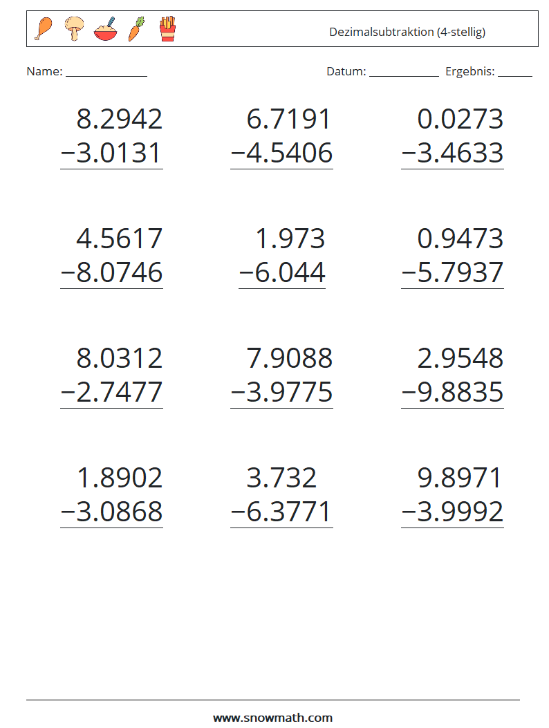 (12) Dezimalsubtraktion (4-stellig) Mathe-Arbeitsblätter 9