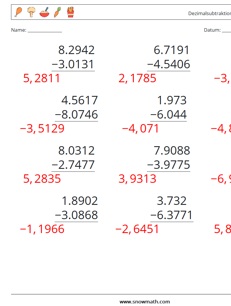 (12) Dezimalsubtraktion (4-stellig) Mathe-Arbeitsblätter 9 Frage, Antwort