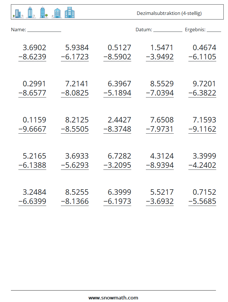 (25) Dezimalsubtraktion (4-stellig) Mathe-Arbeitsblätter 1