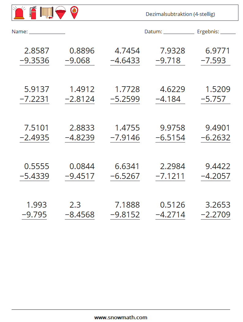 (25) Dezimalsubtraktion (4-stellig) Mathe-Arbeitsblätter 10