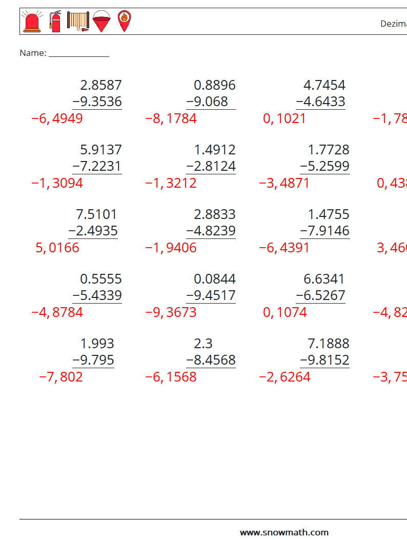 (25) Dezimalsubtraktion (4-stellig) Mathe-Arbeitsblätter 10 Frage, Antwort