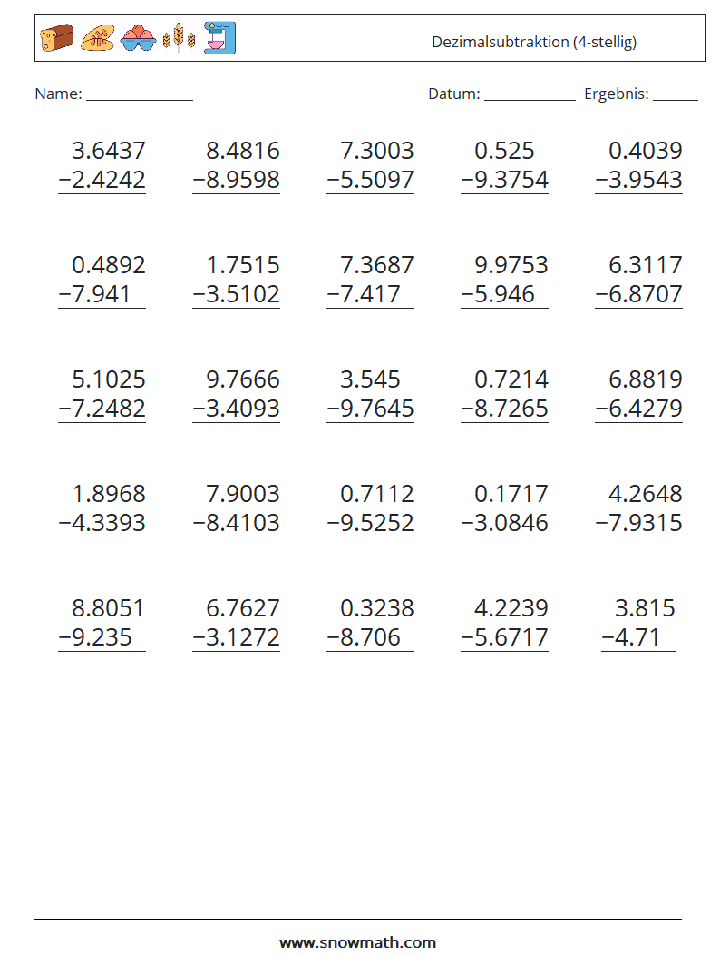 (25) Dezimalsubtraktion (4-stellig) Mathe-Arbeitsblätter 11