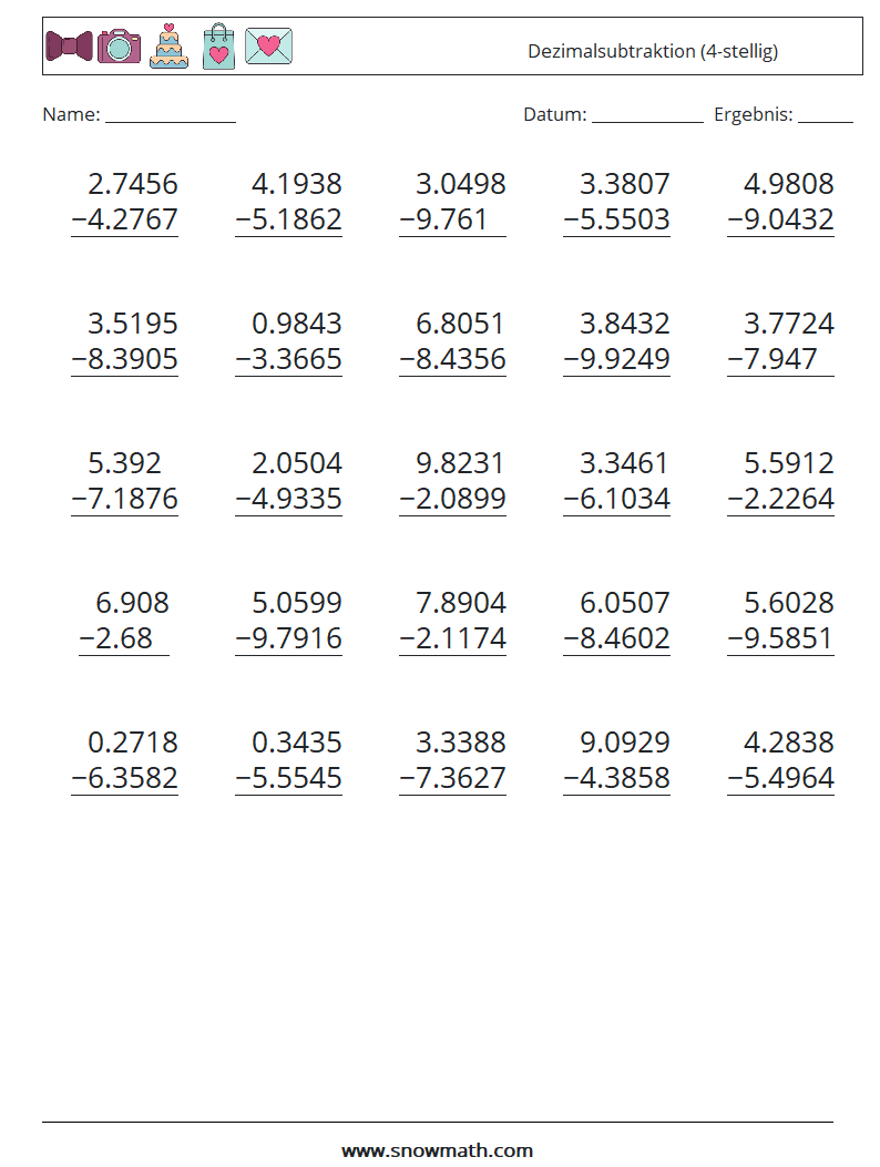 (25) Dezimalsubtraktion (4-stellig) Mathe-Arbeitsblätter 12