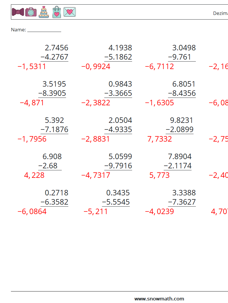 (25) Dezimalsubtraktion (4-stellig) Mathe-Arbeitsblätter 12 Frage, Antwort