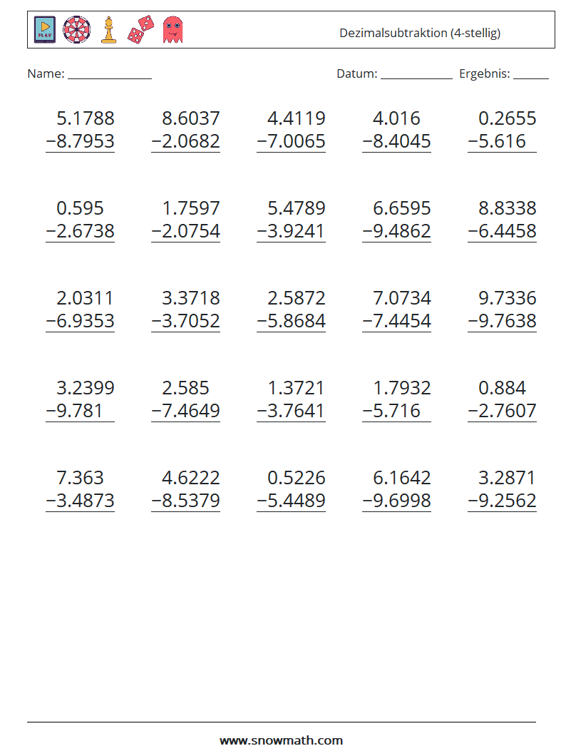 (25) Dezimalsubtraktion (4-stellig) Mathe-Arbeitsblätter 13