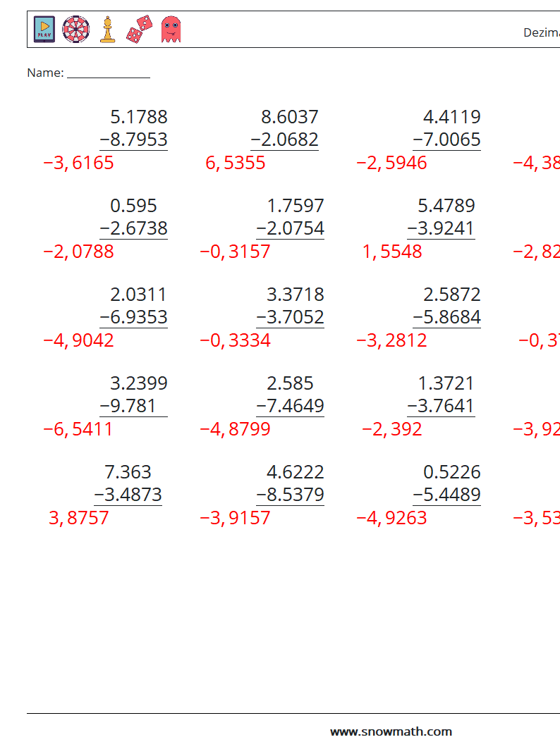 (25) Dezimalsubtraktion (4-stellig) Mathe-Arbeitsblätter 13 Frage, Antwort